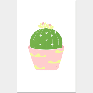 Cute blooming cactus in a pink pot Posters and Art